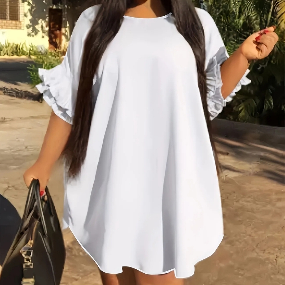 Plus Size Casual Dress, Women's Plus Solid Layered Ruffle Trim Half Sleeve Round